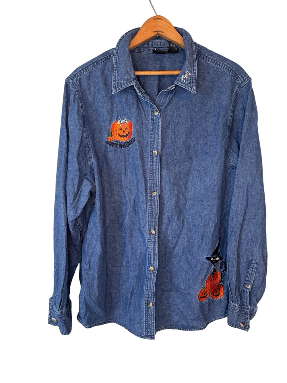 Vintage Holiday Editions Halloween Denim Shirt Pumpkin Cat Embroidered 90s Y2K